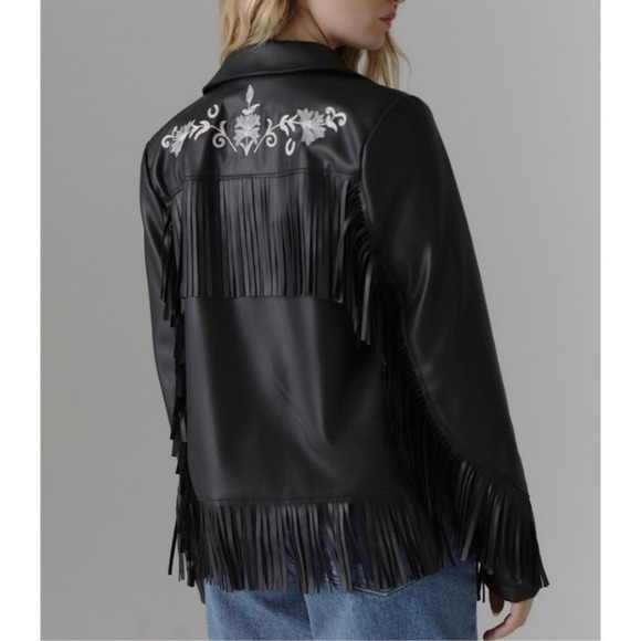 Urban Outfitters Jackets & Blazers - Urban Outfitters Black Leather Jacket with Fringe and Embroidery
